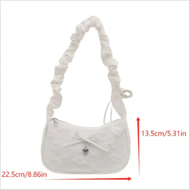 Chic Crescent Bag for Women with Bow Floral Print Pleated Design Trendy Crossbody Bag Sweet Girl's Luxurious Commuter Handbag