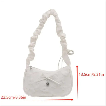 Chic Crescent Bag for Women with Bow Floral Print Pleated Design Trendy Crossbody Bag Sweet Girl's Luxurious Commuter Handbag