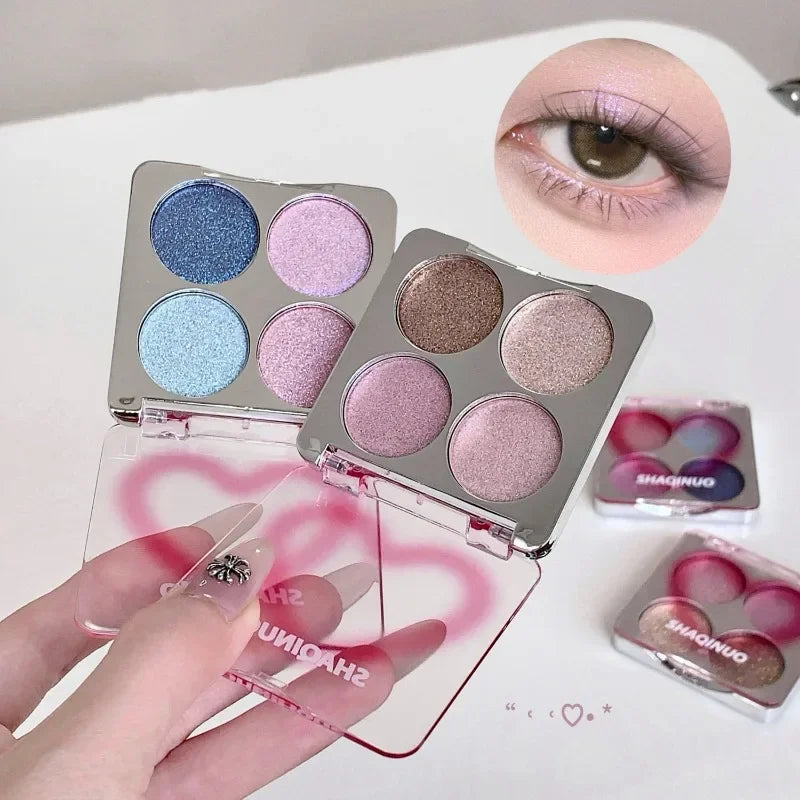 Eyeshadow Highlighter Palette, 4 Shade Galaxy Glitter & Matte, Icy Pink & Blue Shimmer Brightening Powder, Natural Silky Smooth