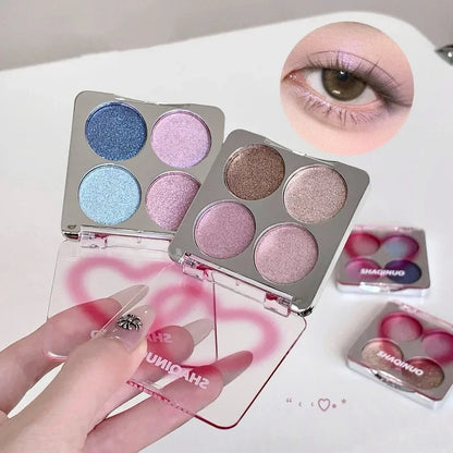 Eyeshadow Highlighter Palette, 4 Shade Galaxy Glitter & Matte, Icy Pink & Blue Shimmer Brightening Powder, Natural Silky Smooth