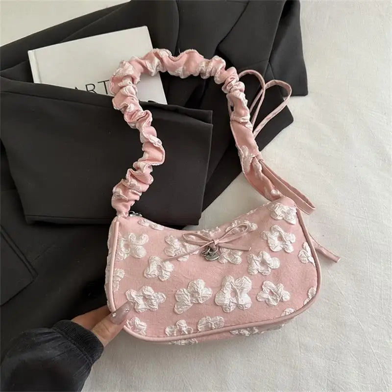 Chic Crescent Bag for Women with Bow Floral Print Pleated Design Trendy Crossbody Bag Sweet Girl's Luxurious Commuter Handbag