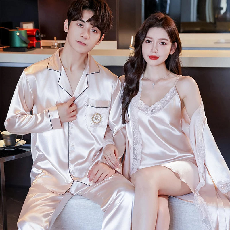 Couple Pajamas Set Women Silk Sexy Nightdress Nightgown Two-Pieces Summer Men's Long-Sleeved Long Pant Home Wear Bridesmaid Robe