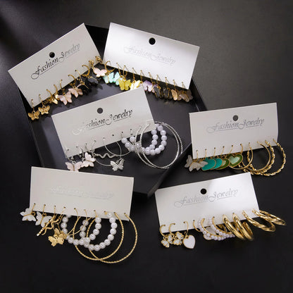 3-9 Pairs Heart Butterfly Drop Earrings Set Big Circle Piercings Earrings Jewelry for Women Imitation Pearl Hoop Cute Ear Buckle