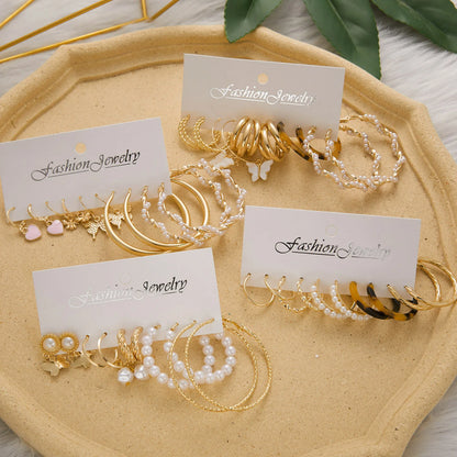 3-9 Pairs Heart Butterfly Drop Earrings Set Big Circle Piercings Earrings Jewelry for Women Imitation Pearl Hoop Cute Ear Buckle