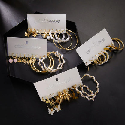 3-9 Pairs Heart Butterfly Drop Earrings Set Big Circle Piercings Earrings Jewelry for Women Imitation Pearl Hoop Cute Ear Buckle