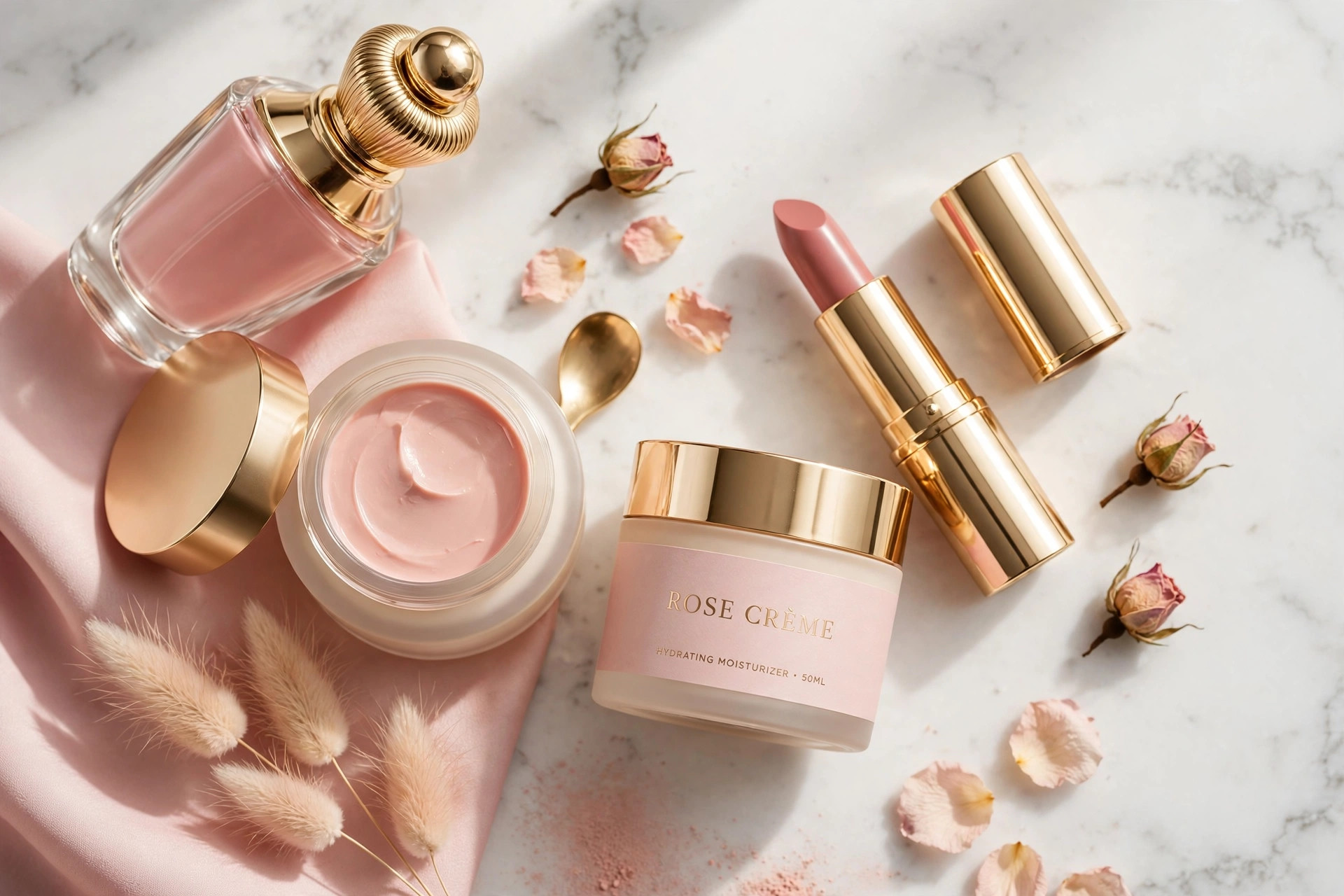 Elegant cosmetics flat lay