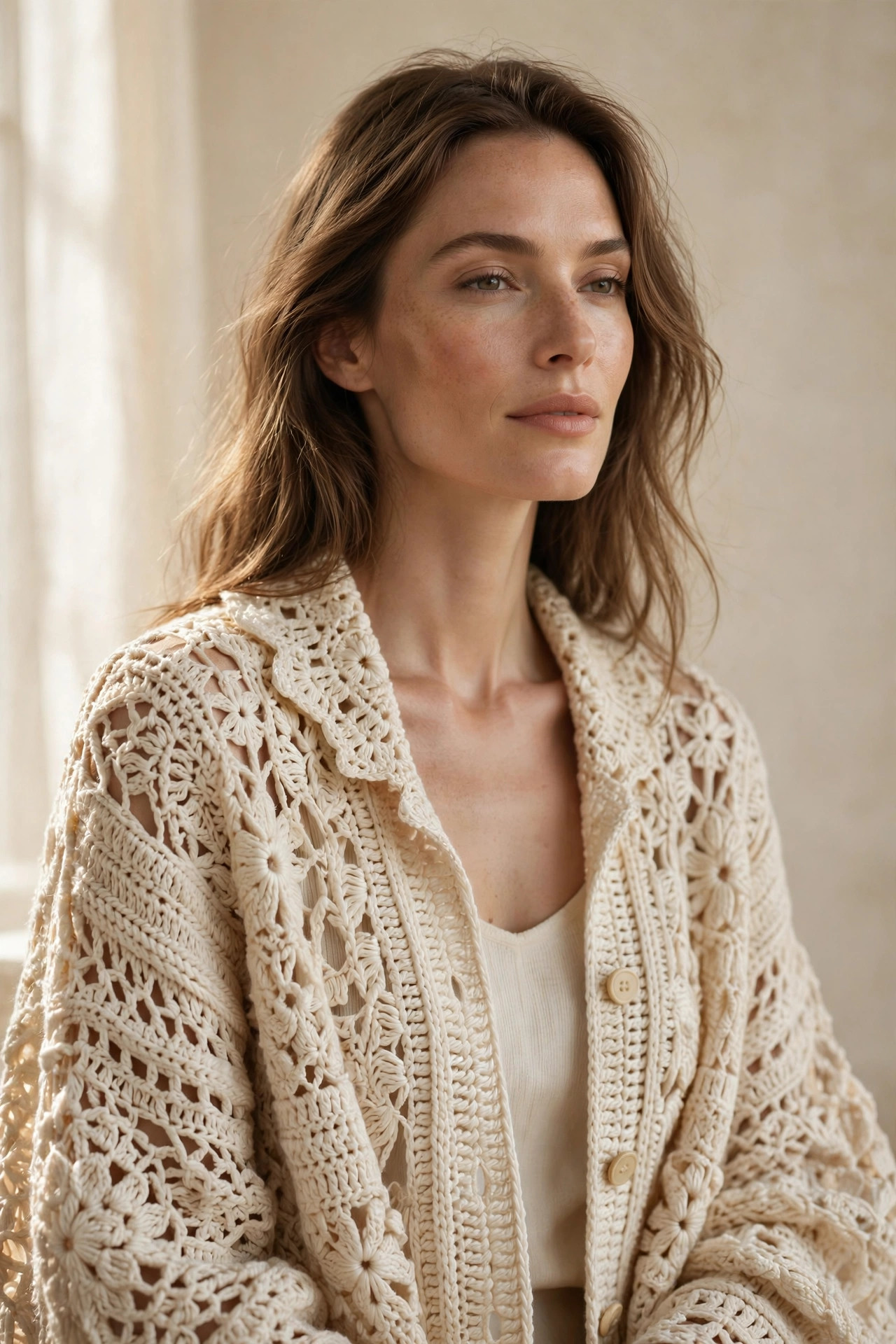 Woman wearing a luxurious cream hand-crocheted cardigan