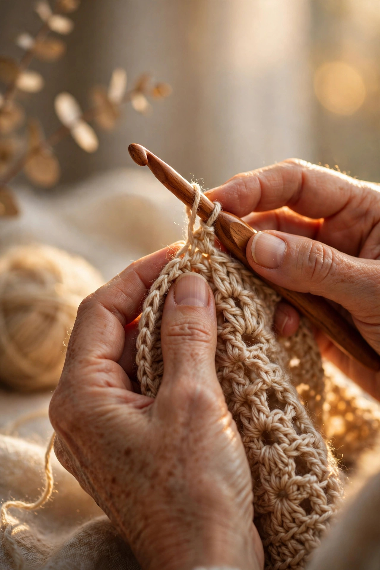 Artisan hands crocheting with natural wool