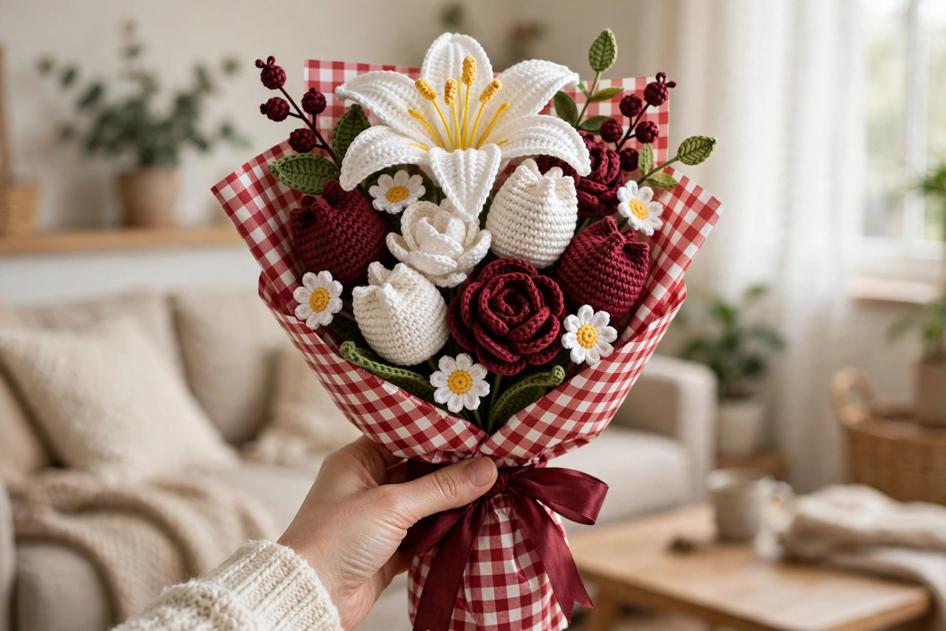 White Lily & Tulip Crochet Bouquet — image 2
