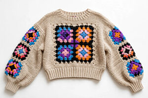 Beige Multicolor Granny Square Crop Sweater