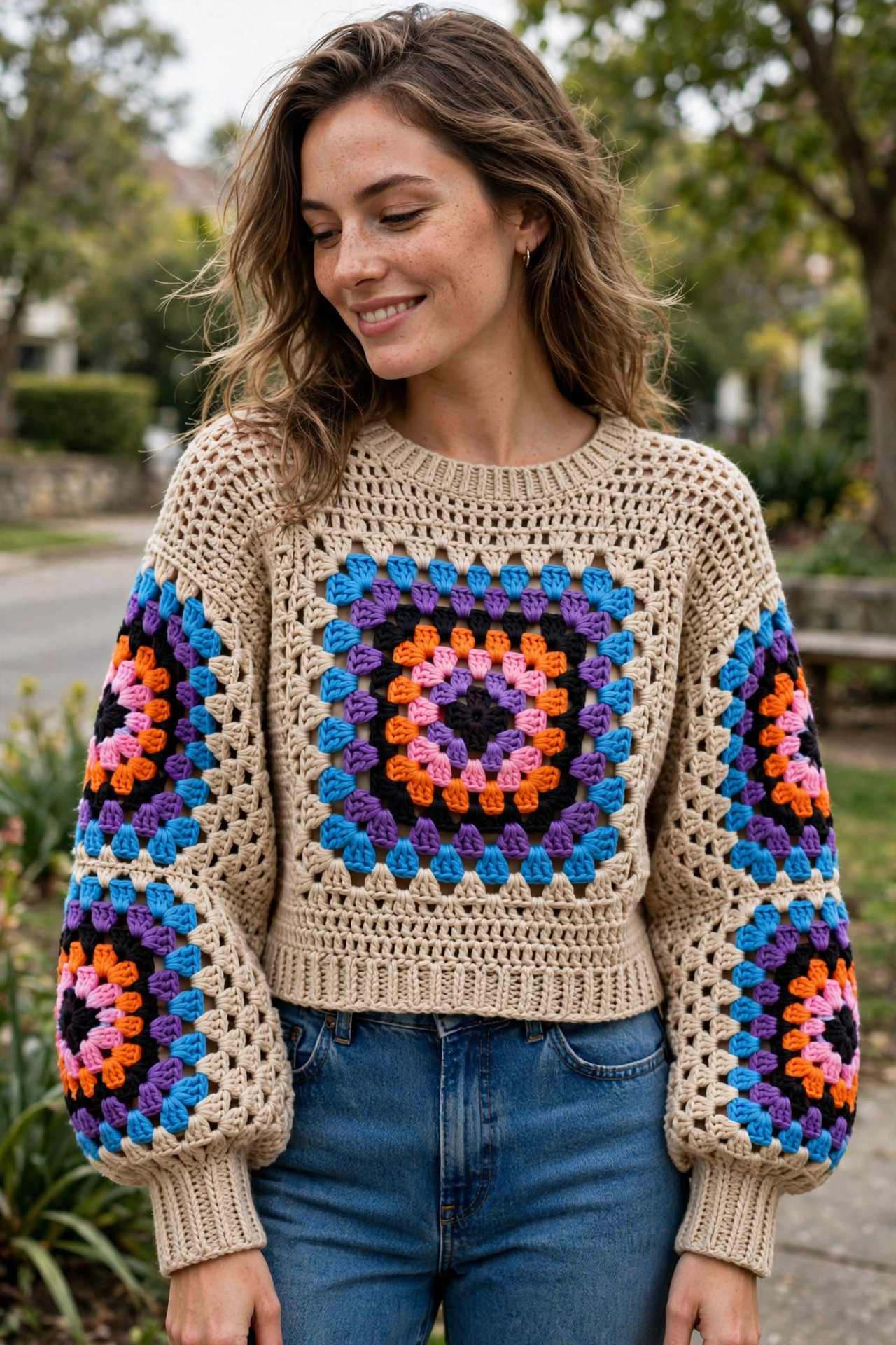 Beige Multicolor Granny Square Crop Sweater — image 2