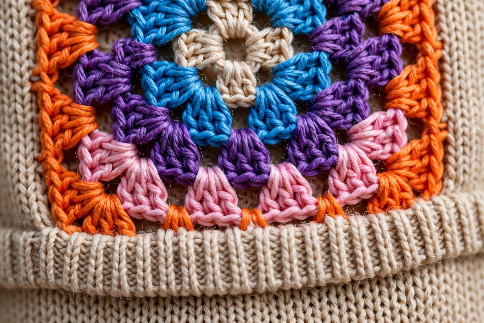 Beige Multicolor Granny Square Crop Sweater — image 3