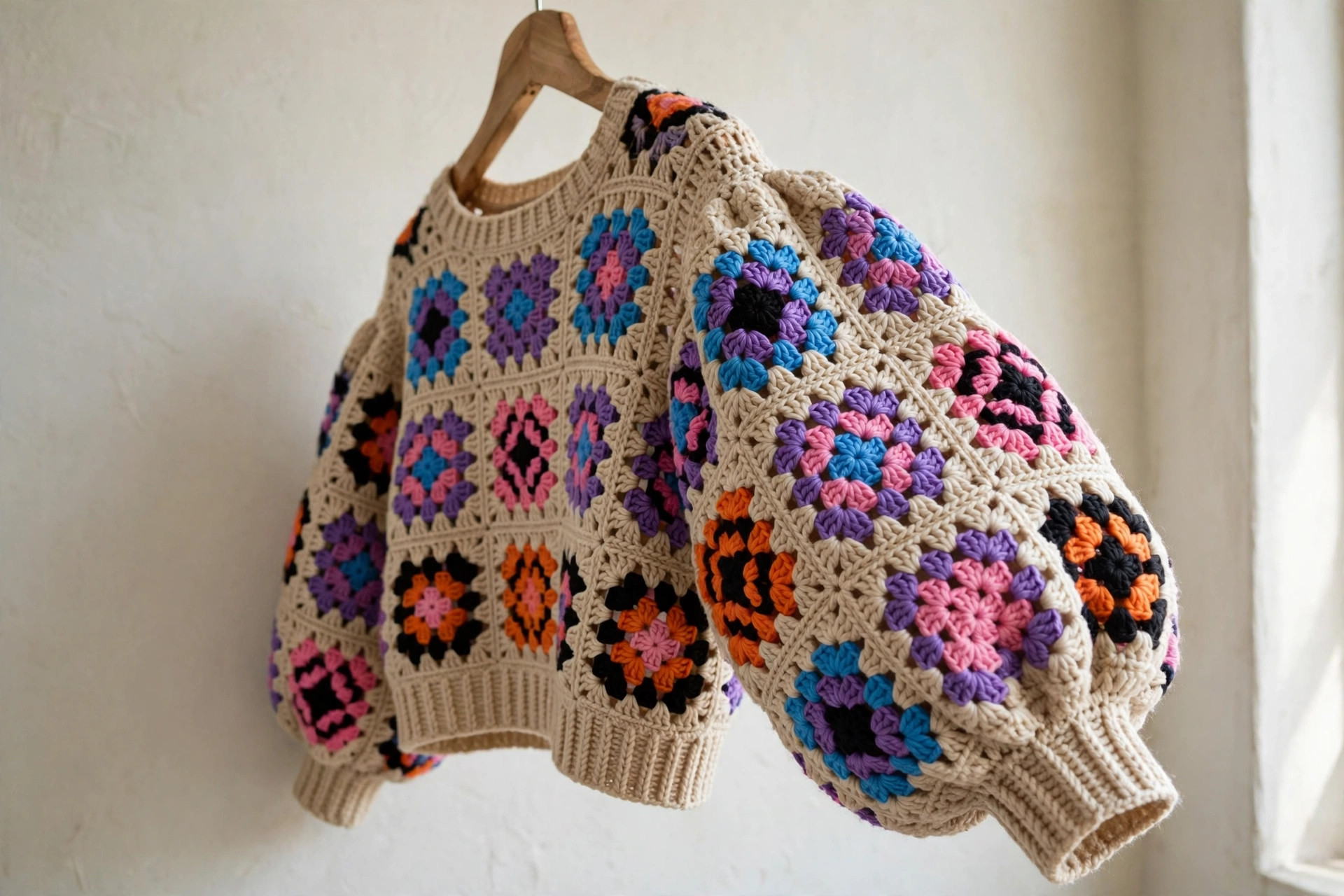 Beige Multicolor Granny Square Crop Sweater — image 6