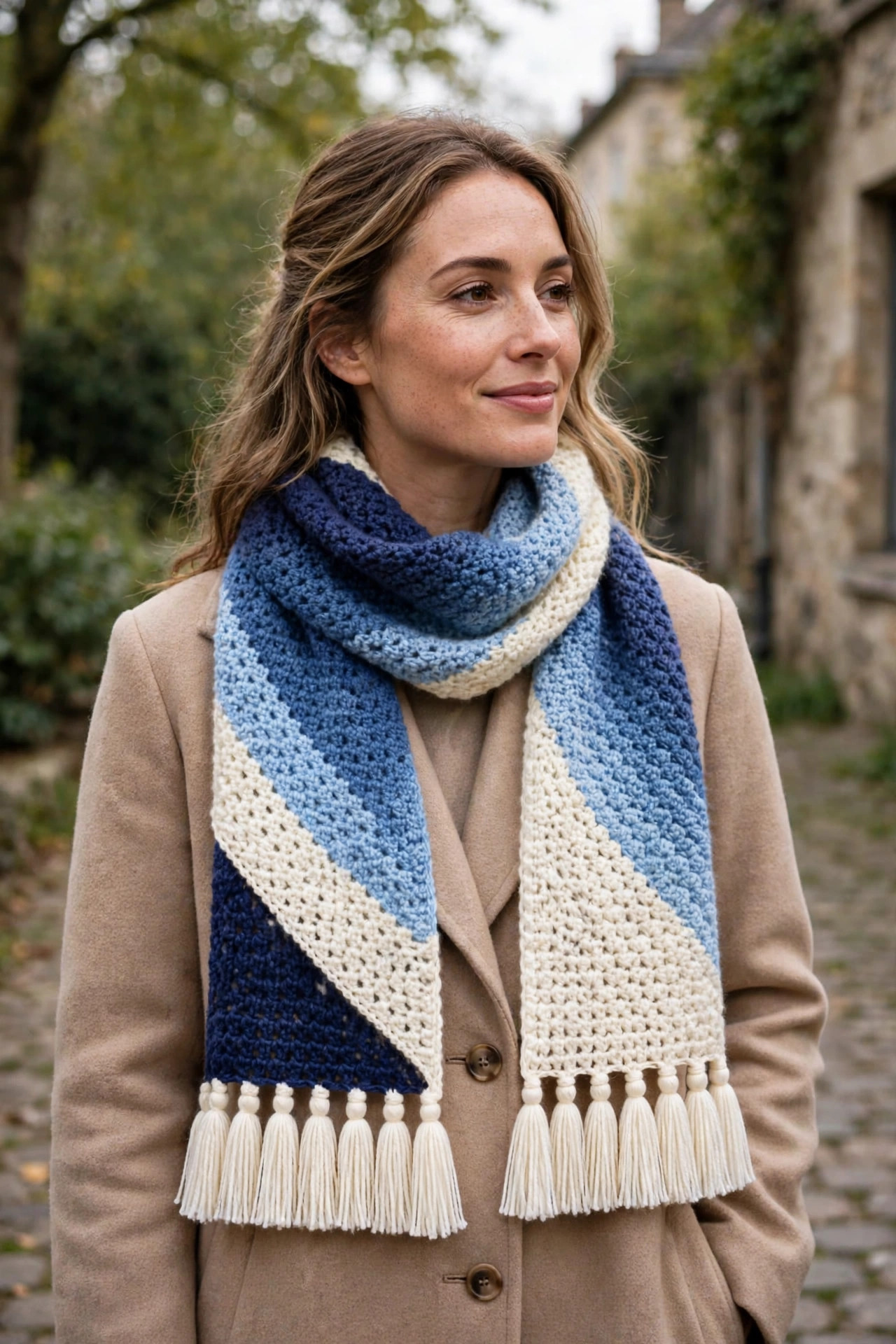 Blue Diagonal Stripe Tassel Scarf — image 2