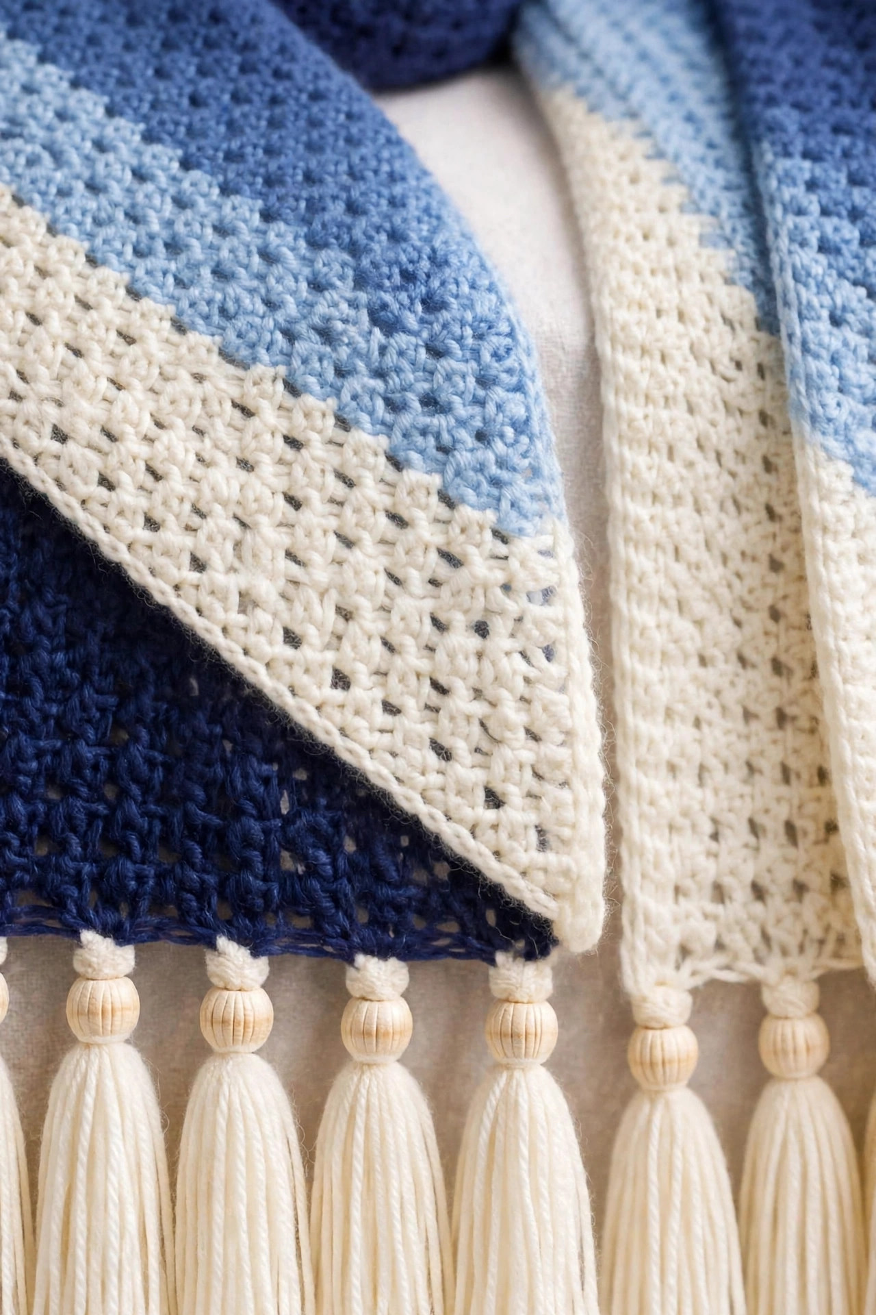 Blue Diagonal Stripe Tassel Scarf — image 3