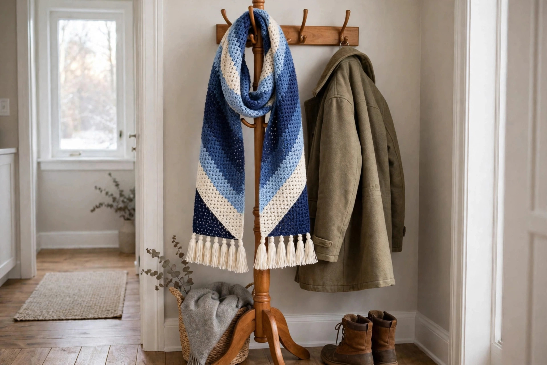 Blue Diagonal Stripe Tassel Scarf — image 5