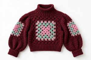 Burgundy Pink Granny Square Crop Sweater