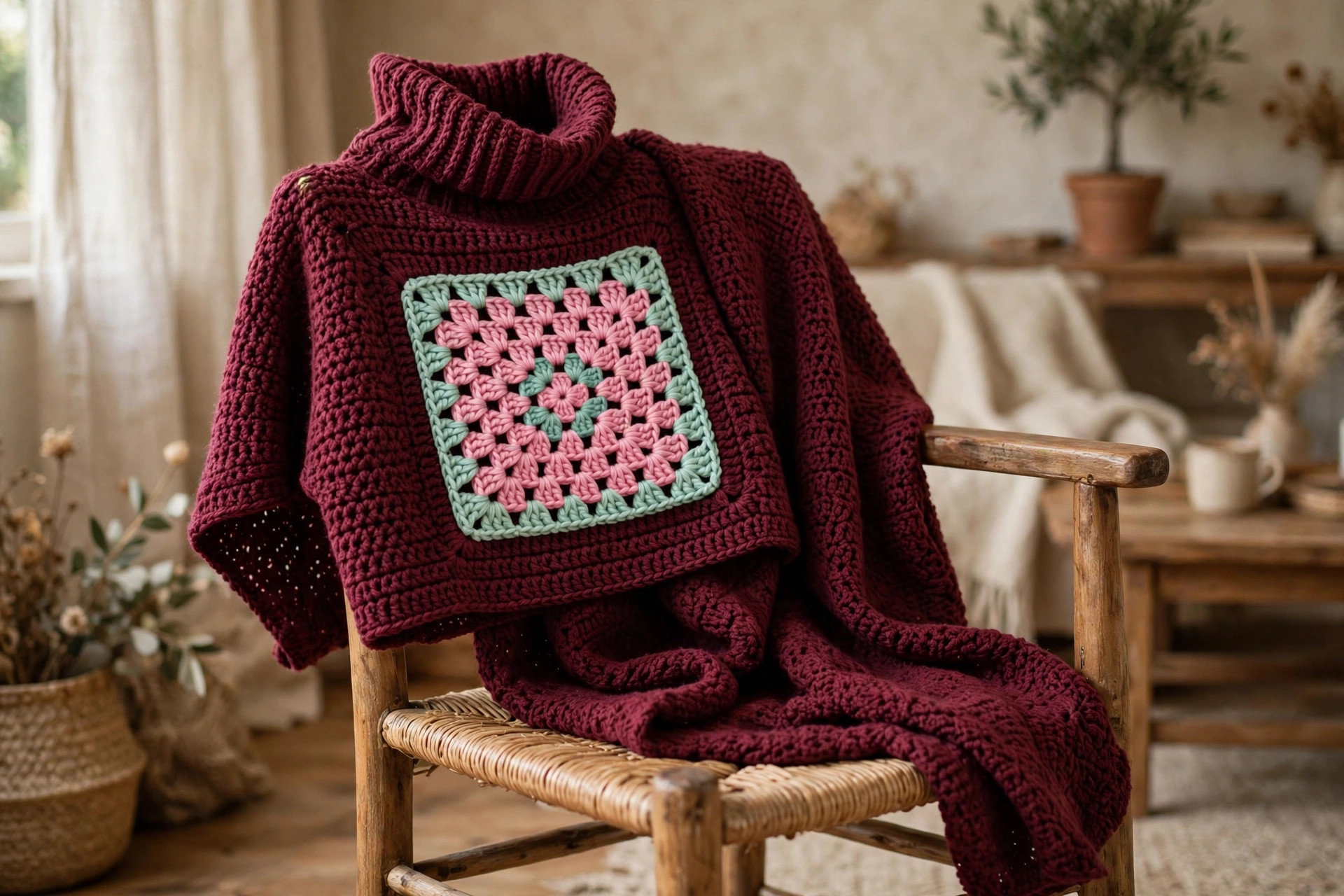 Burgundy Pink Granny Square Crop Sweater — image 5