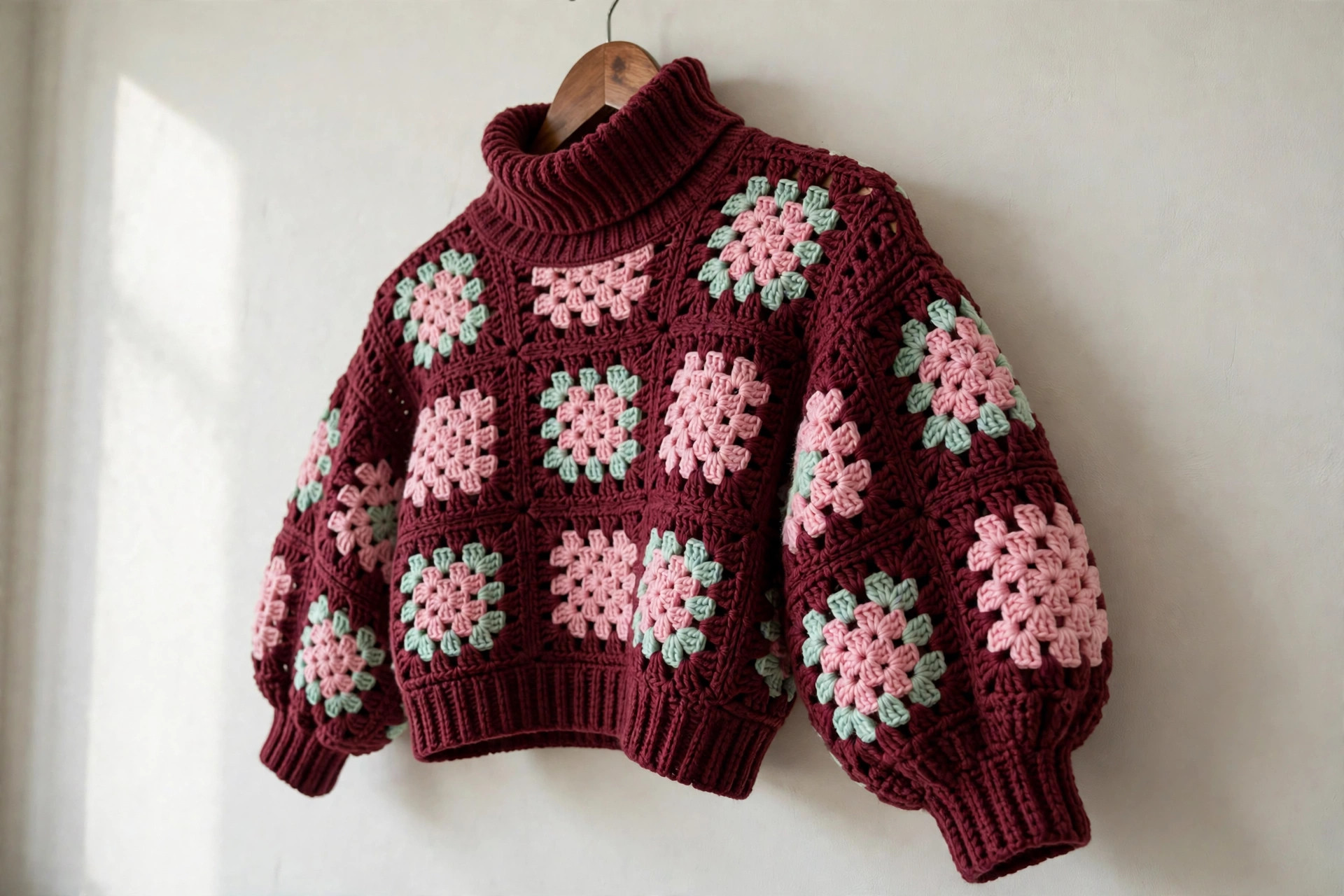 Burgundy Pink Granny Square Crop Sweater — image 6