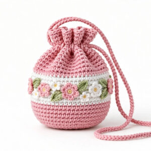 Pink & White Floral Crochet Drawstring Pouch — image 1