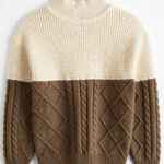 Cream & Brown Cable Two-Tone Sweater