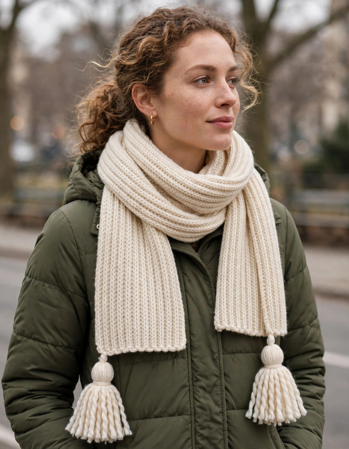 Cream Ribbed Tassel Scarf — image 2
