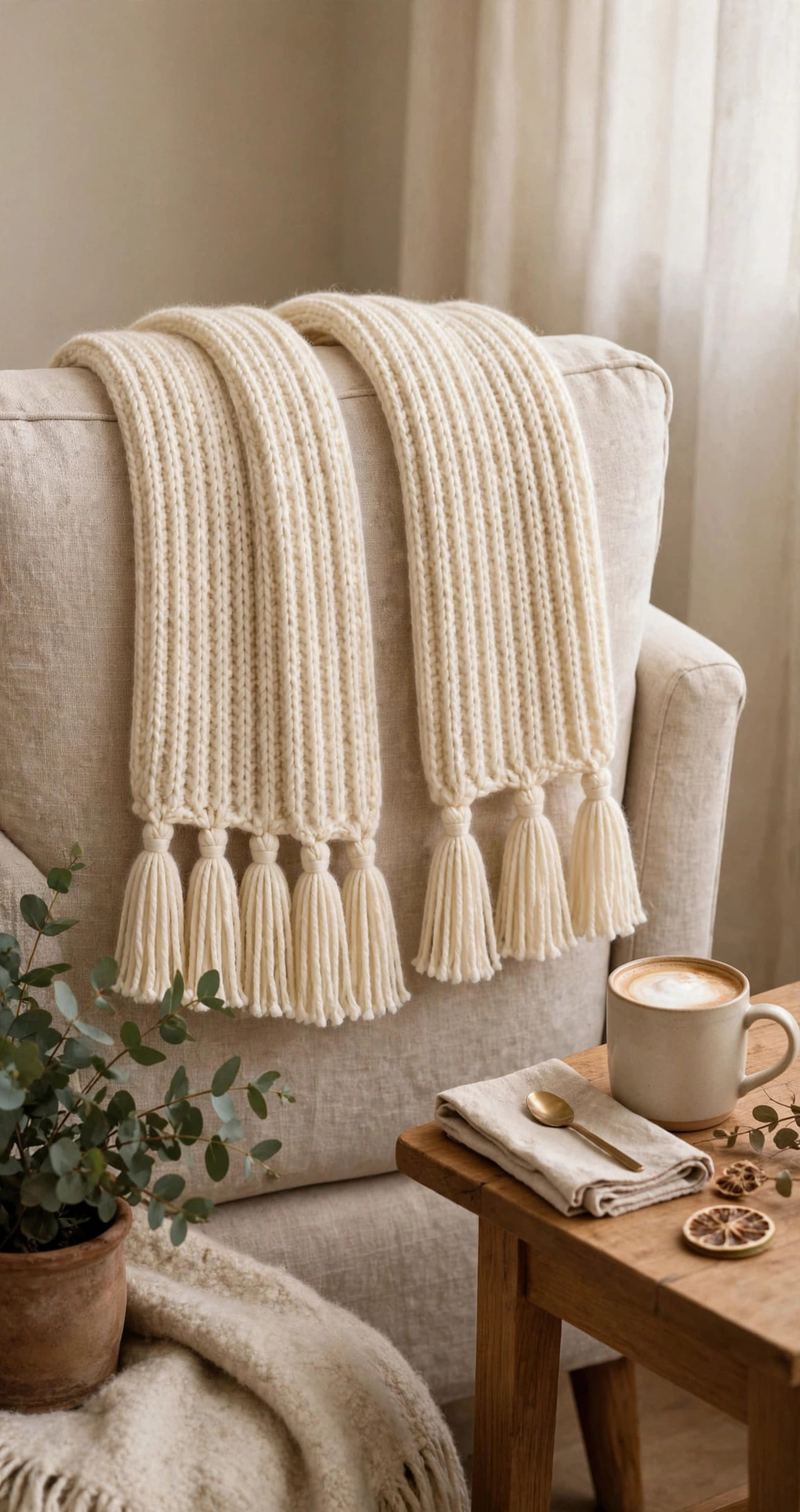 Cream Ribbed Tassel Scarf — image 5