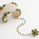 Pearl & Green Floral Cuff Bracelet with Hand Chain