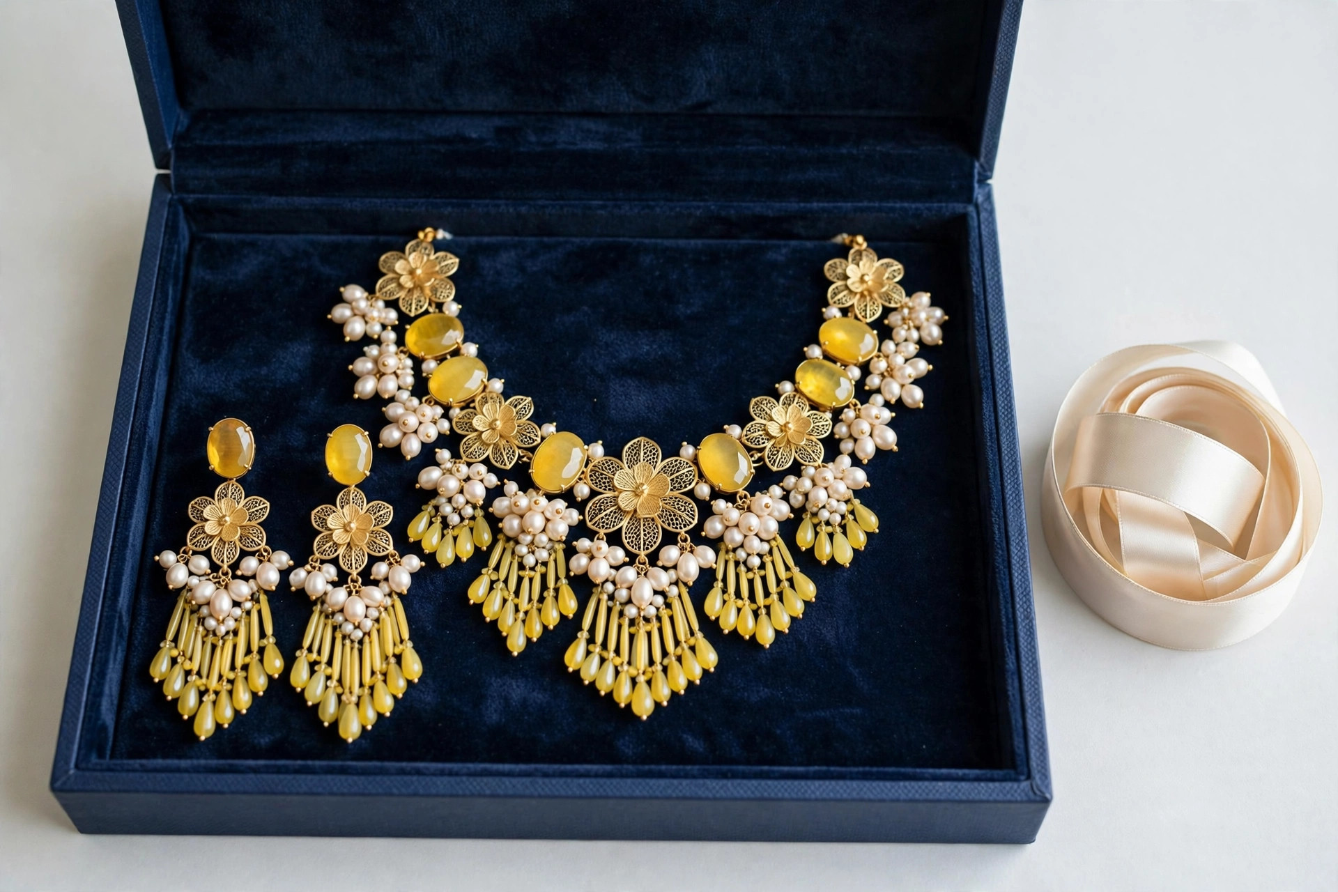 Yellow Kundan Necklace & Earrings Set — image 4