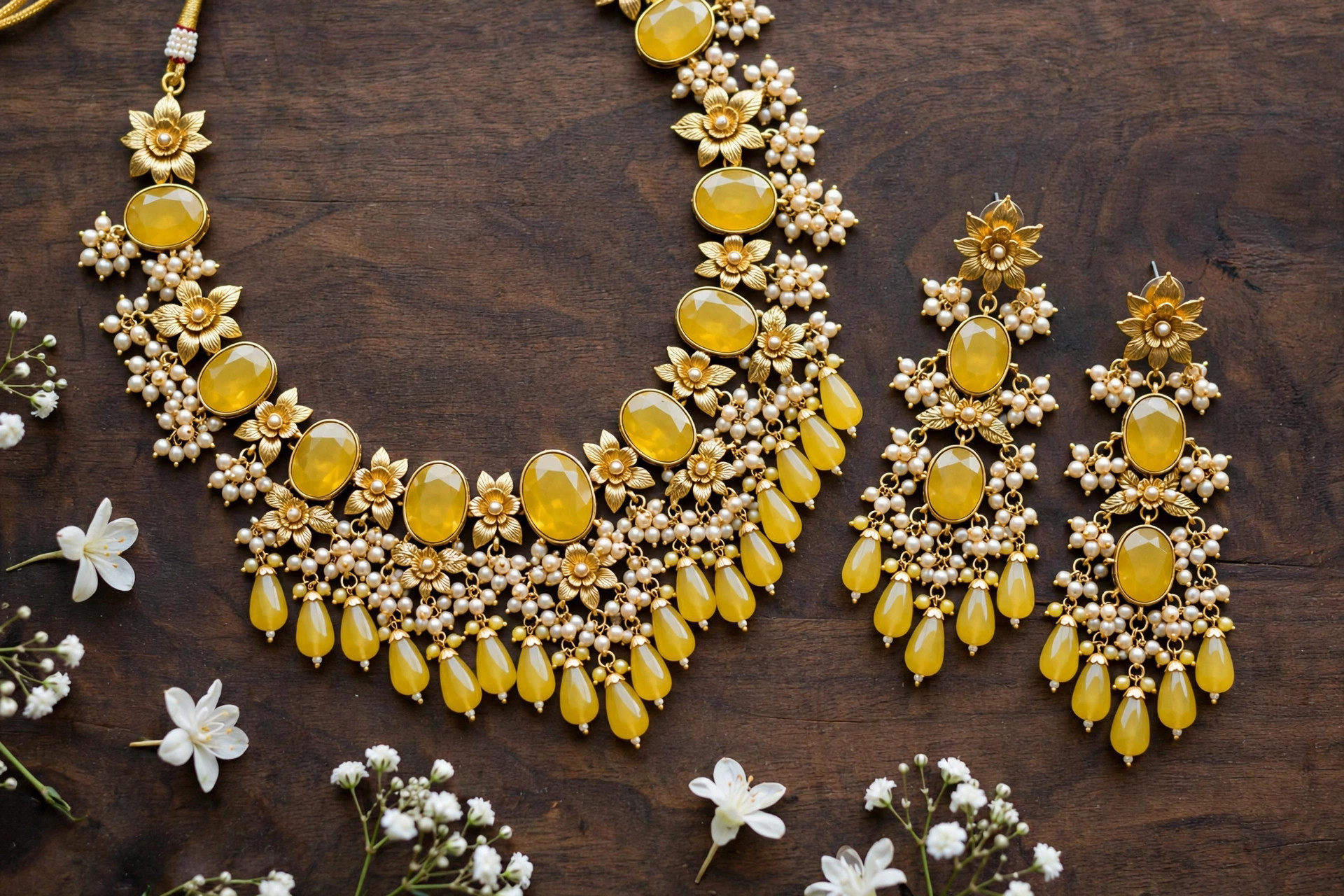 Yellow Kundan Necklace & Earrings Set — image 6