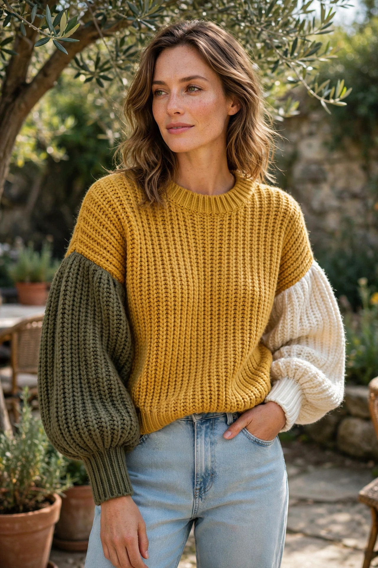 Mustard Color-Block Chunky Knit Sweater — image 2