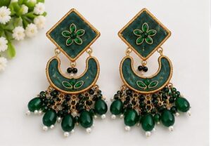 Green Meenakari Chandbali Earrings with Matching Maang Tikka