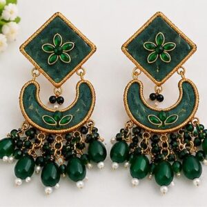 Green meenakari chandbali earrings with green bead and pearl drops
