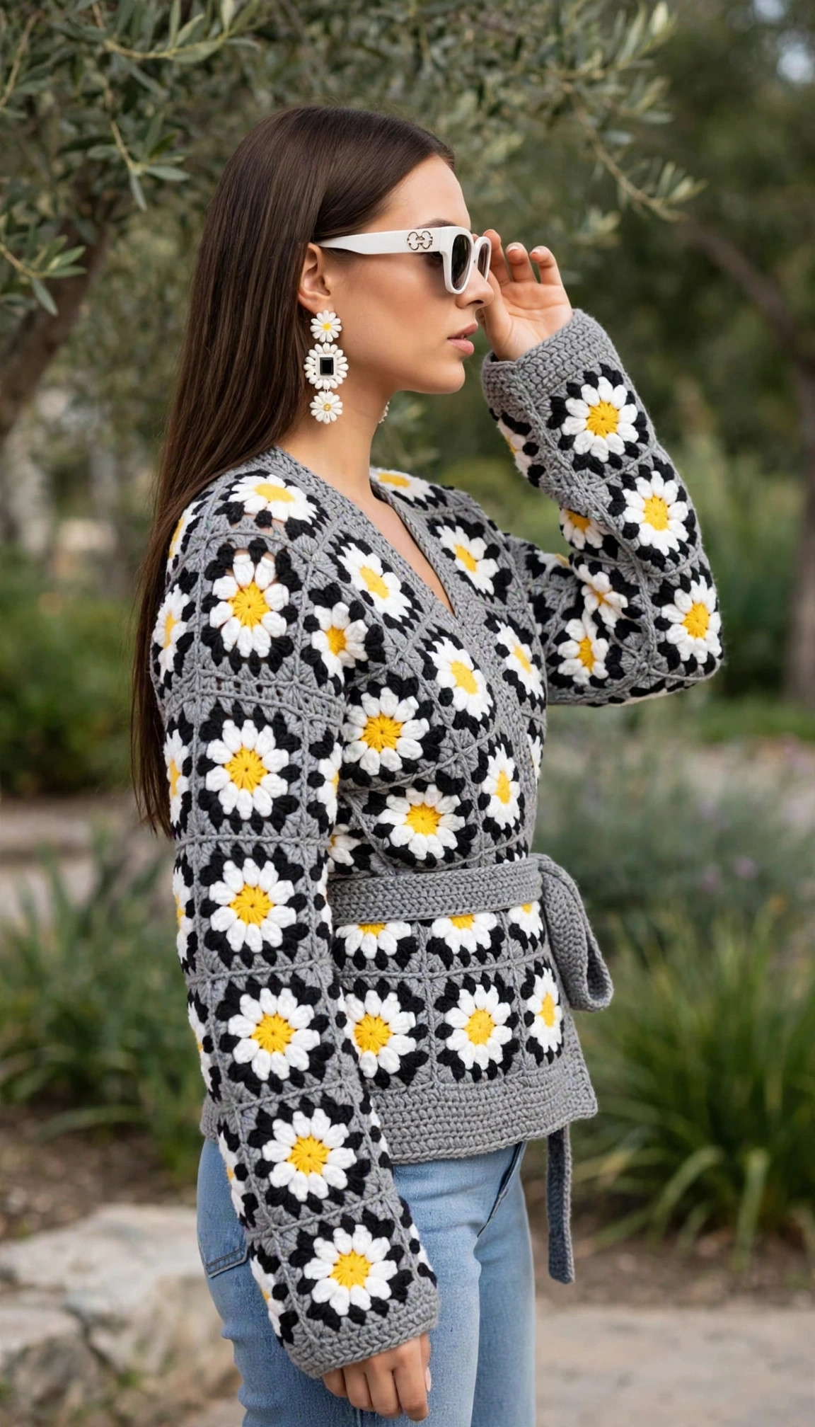 Grey Daisy Wrap Cardigan with Belt — image 2