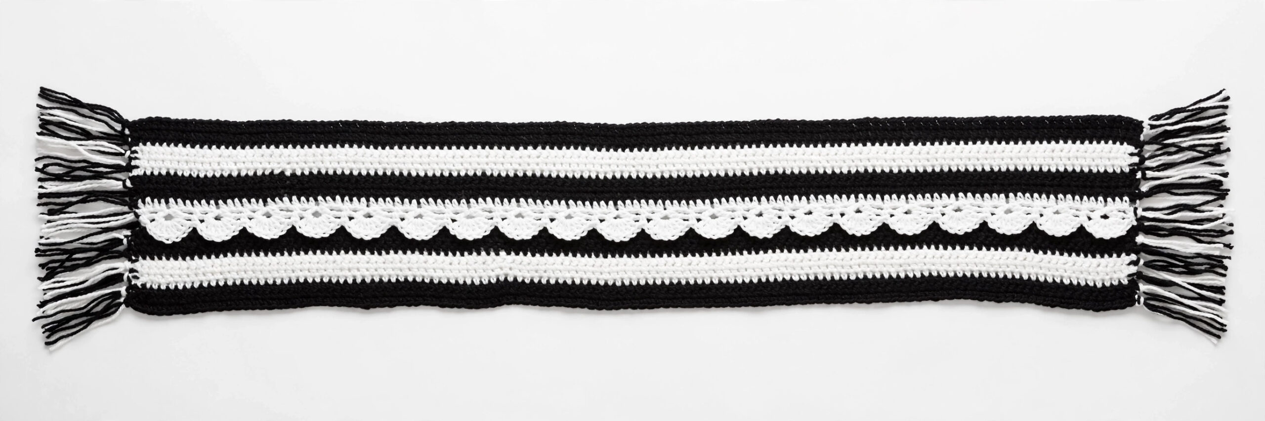 Black & White Striped Crochet Scarf with Fringe — image 1