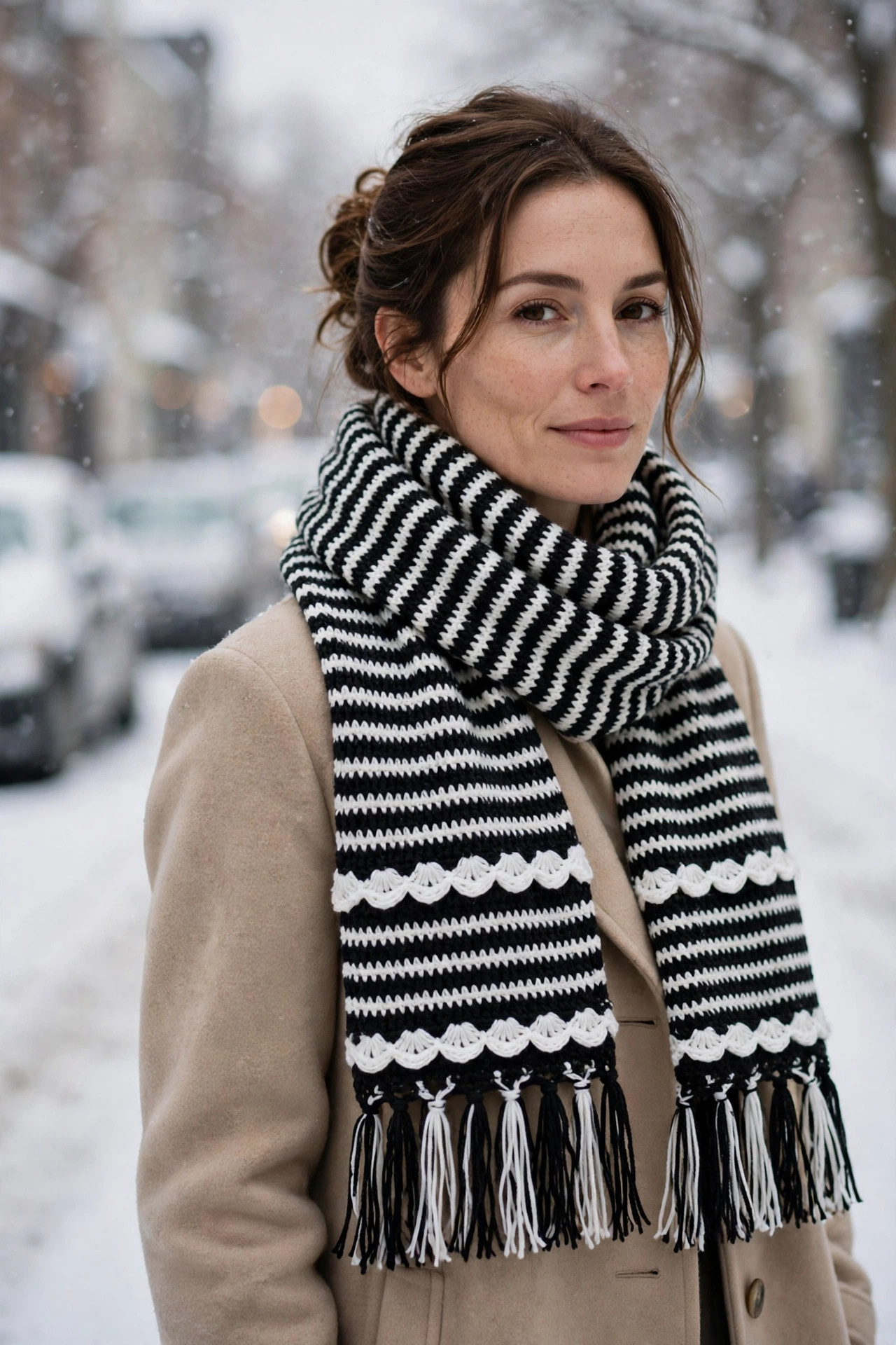Black & White Striped Crochet Scarf with Fringe — image 2