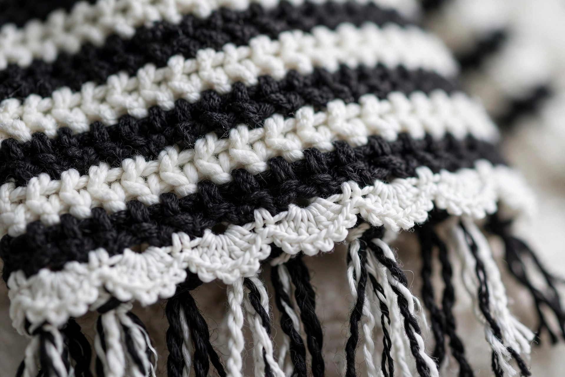Black & White Striped Crochet Scarf with Fringe — image 3