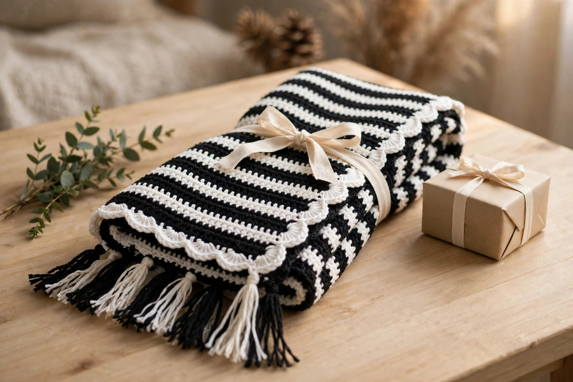 Black & White Striped Crochet Scarf with Fringe — image 4