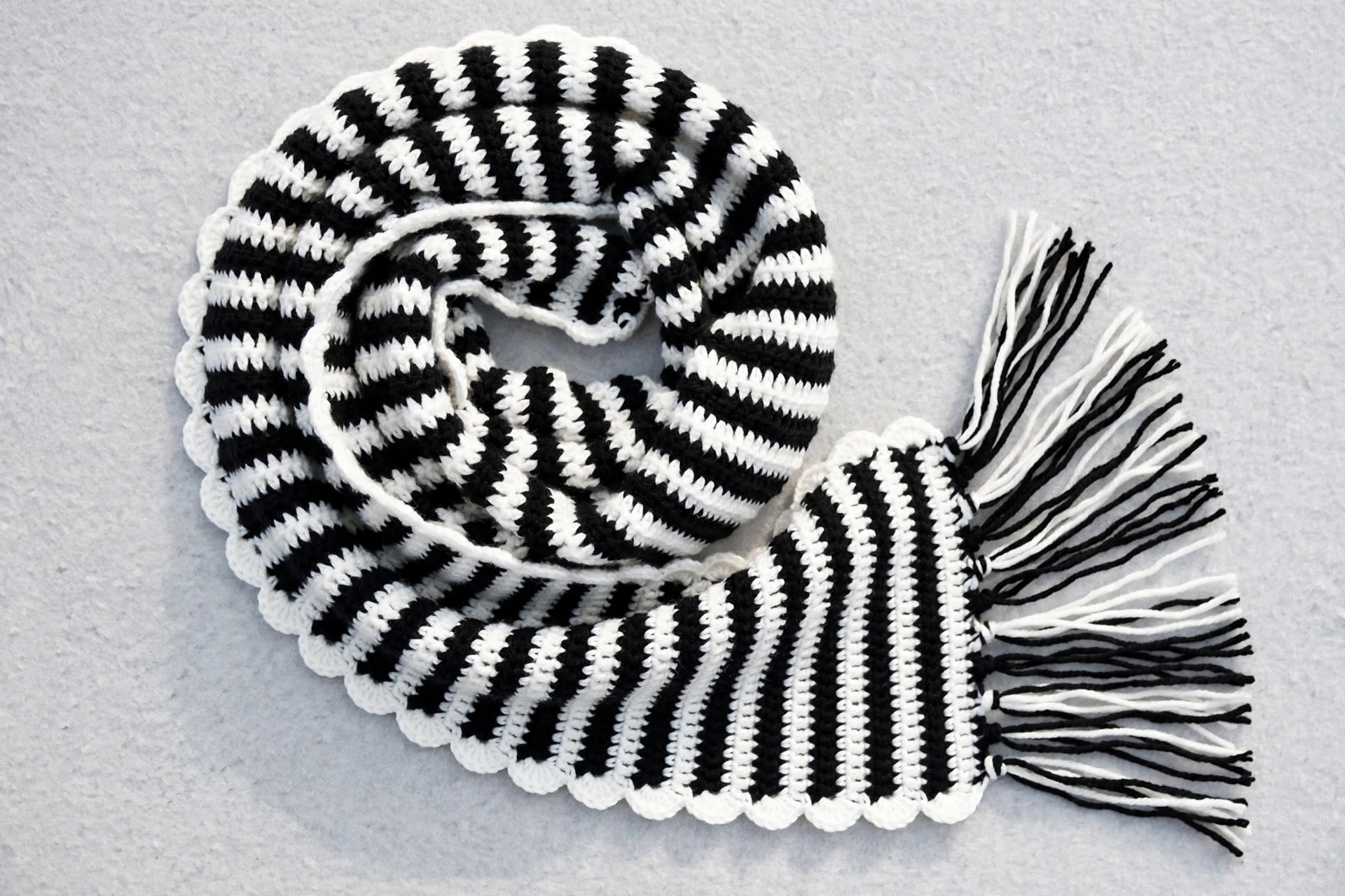Black & White Striped Crochet Scarf with Fringe — image 5