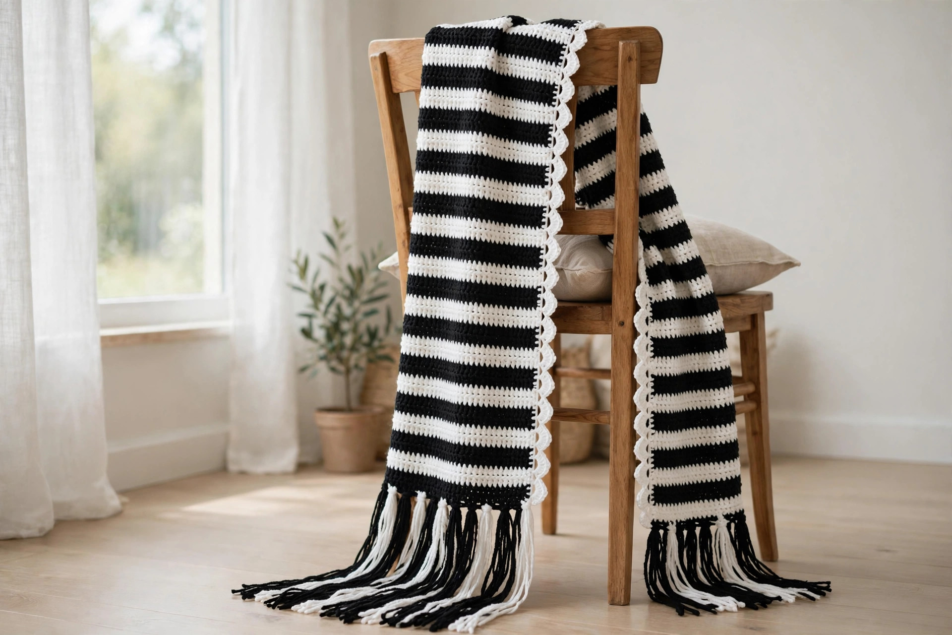 Black & White Striped Crochet Scarf with Fringe — image 6