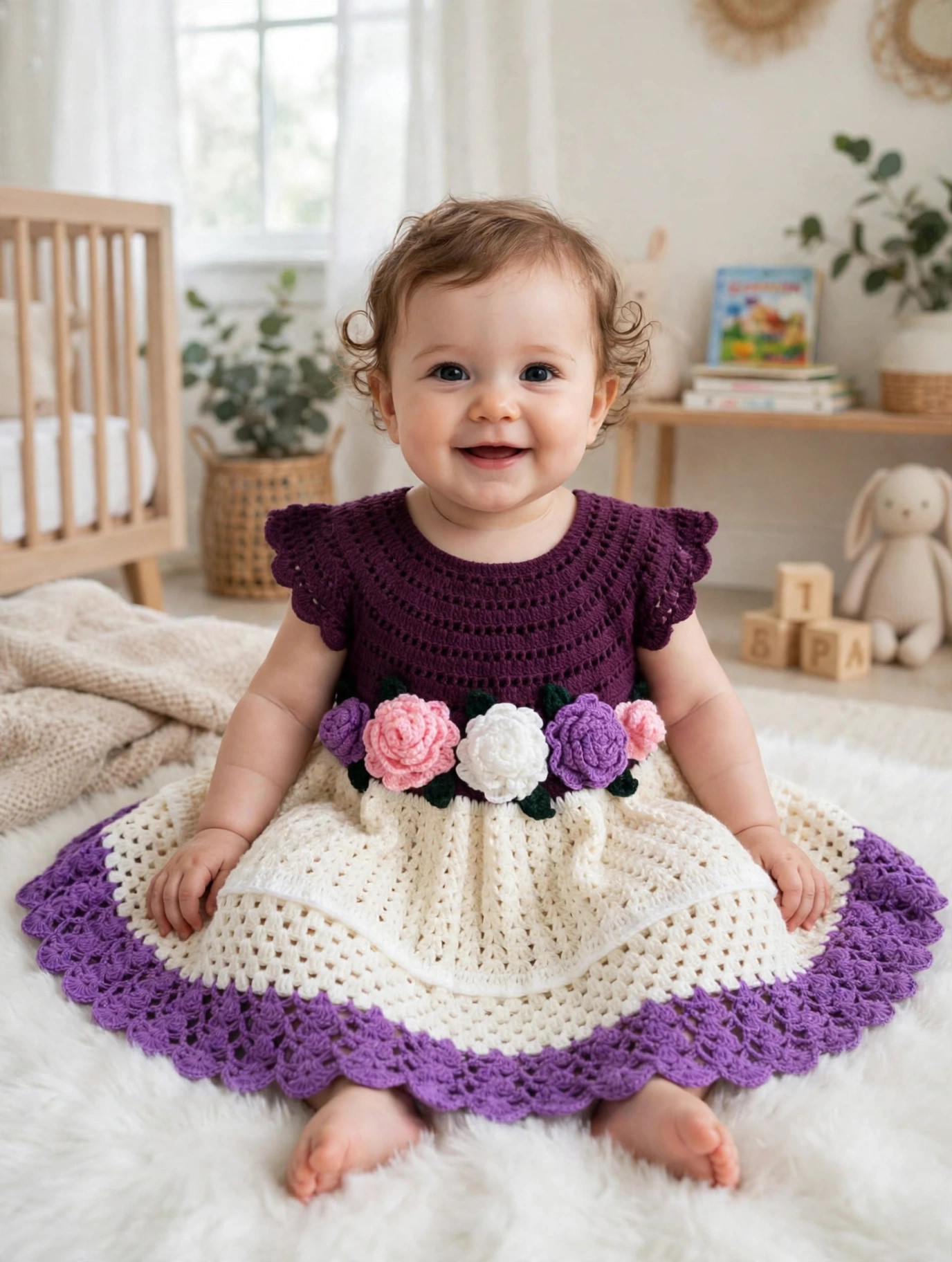 Purple & Cream Crochet Baby Dress — image 2