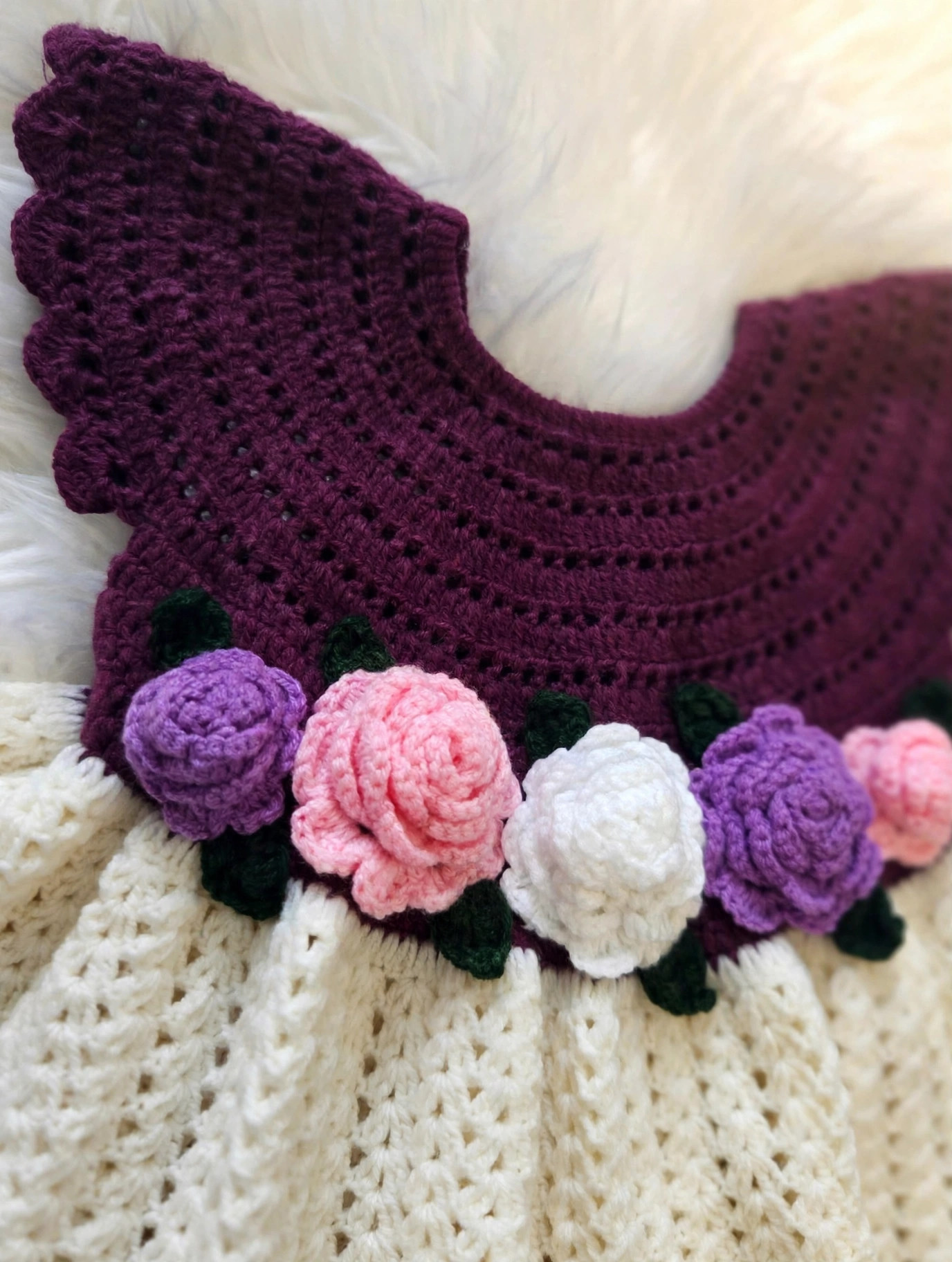 Purple & Cream Crochet Baby Dress — image 3