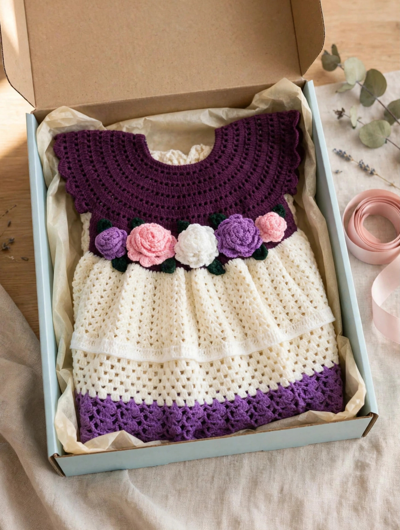 Purple & Cream Crochet Baby Dress — image 4