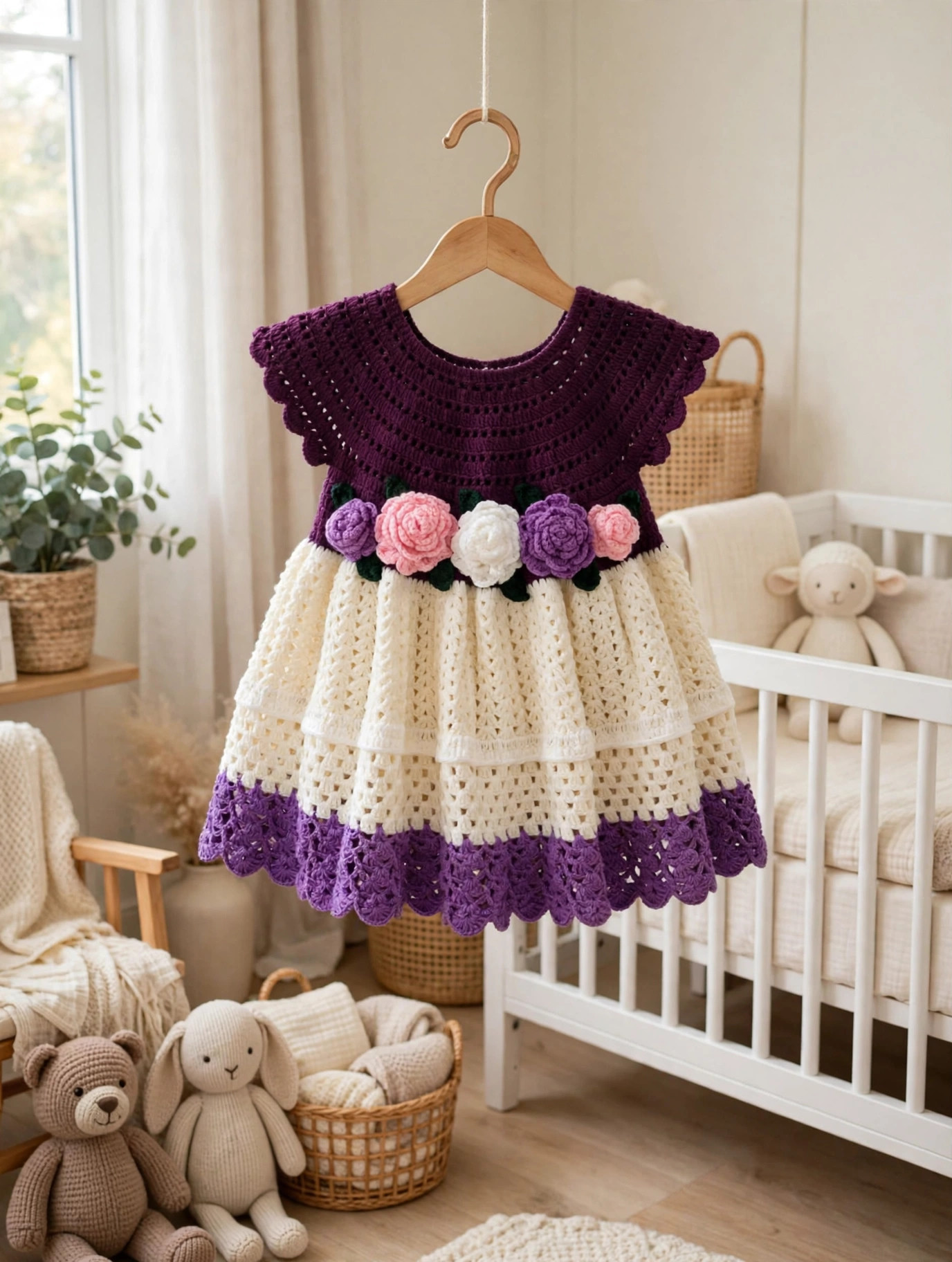 Purple & Cream Crochet Baby Dress — image 5