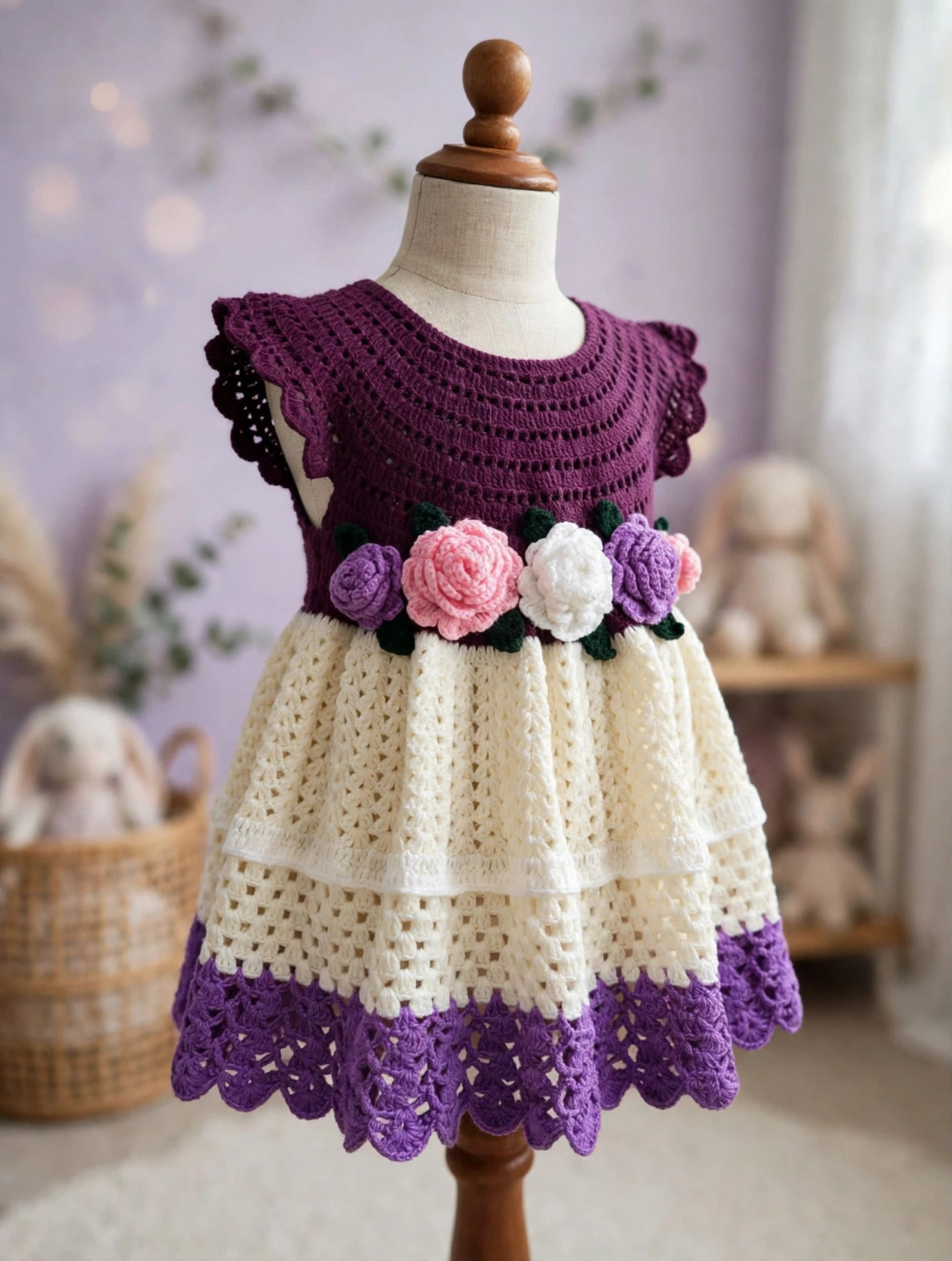 Purple & Cream Crochet Baby Dress — image 6