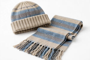 Beige Blue Grey Striped Knit Beanie & Scarf Set