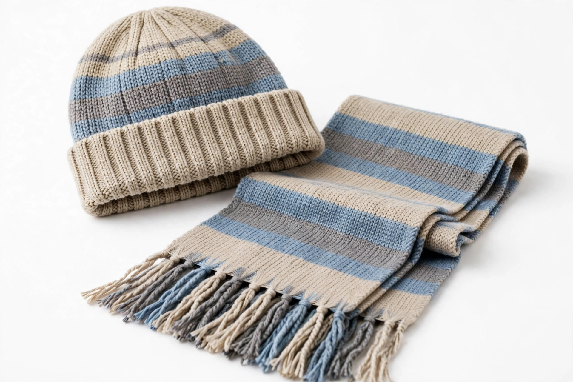 Beige Blue Grey Striped Knit Beanie & Scarf Set — image 1