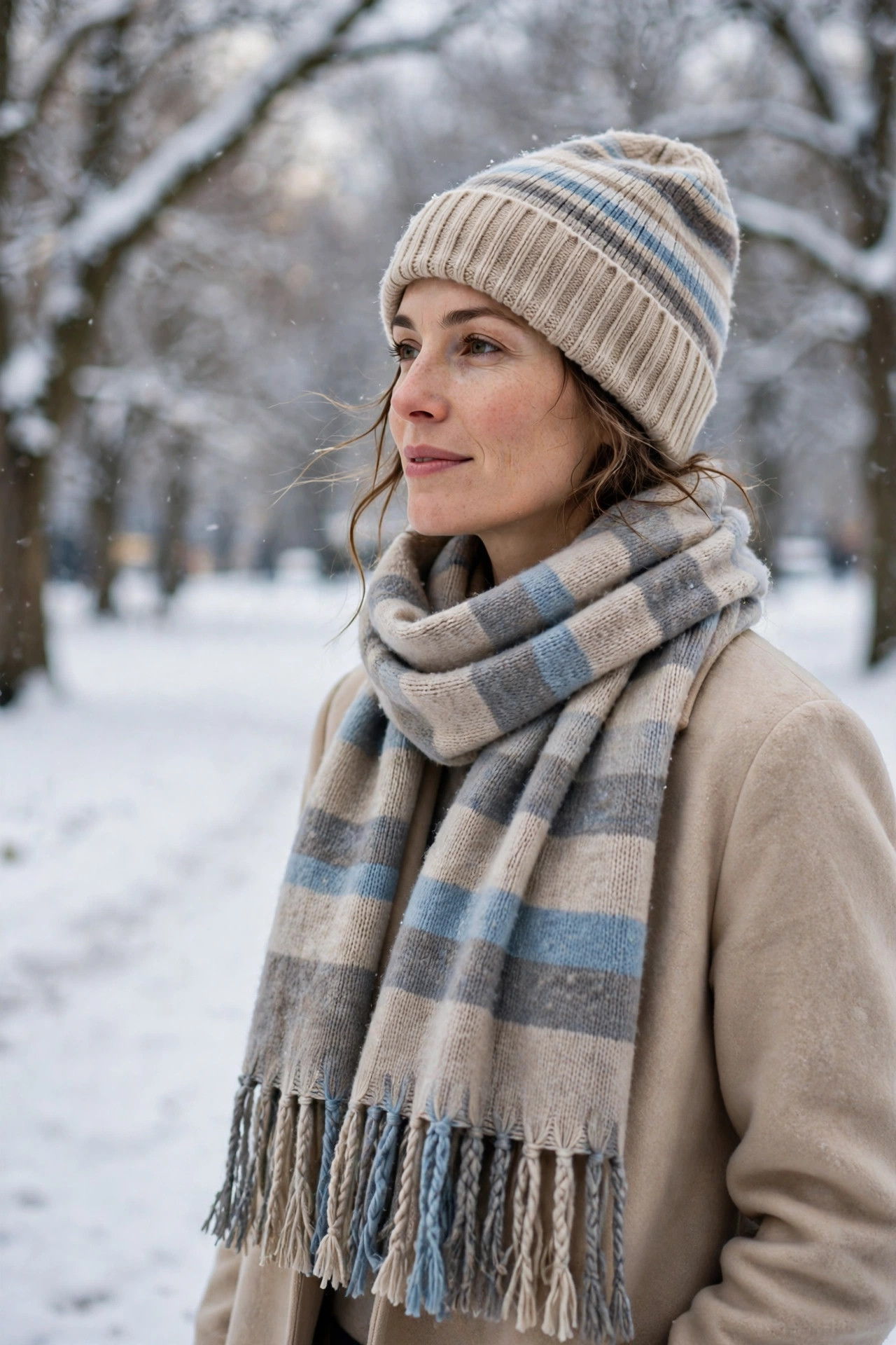 Beige Blue Grey Striped Knit Beanie & Scarf Set — image 2