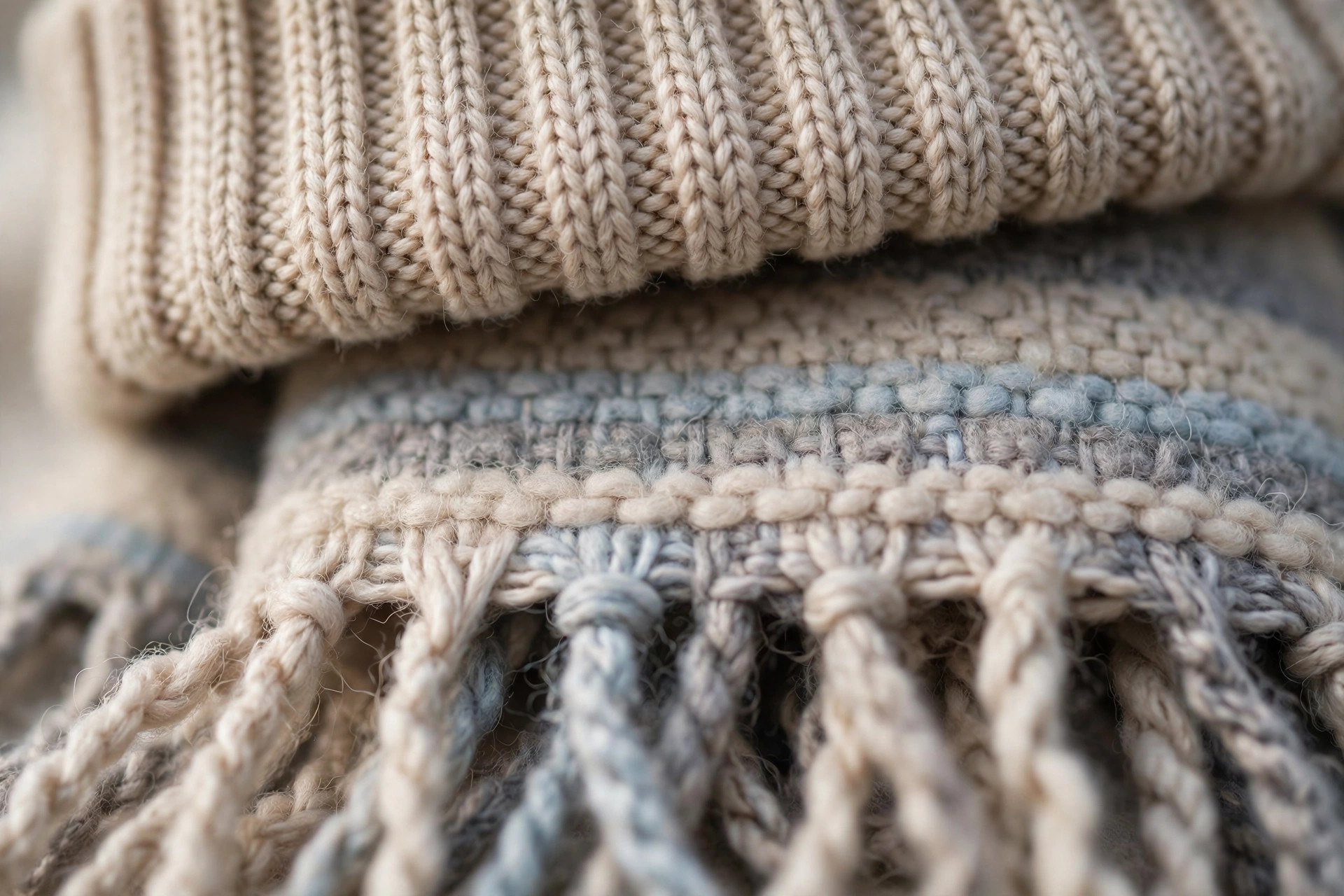 Beige Blue Grey Striped Knit Beanie & Scarf Set — image 3