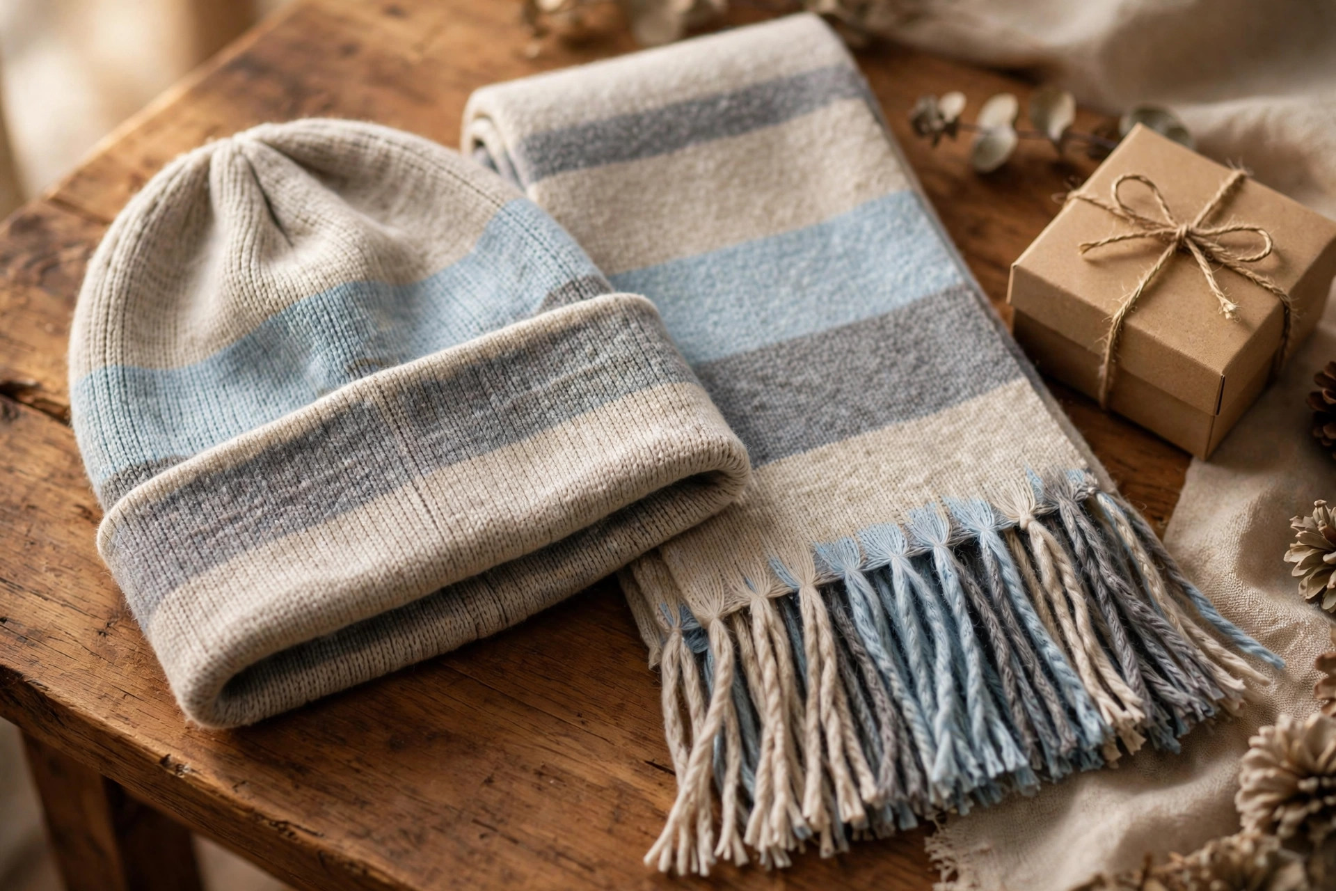 Beige Blue Grey Striped Knit Beanie & Scarf Set — image 4